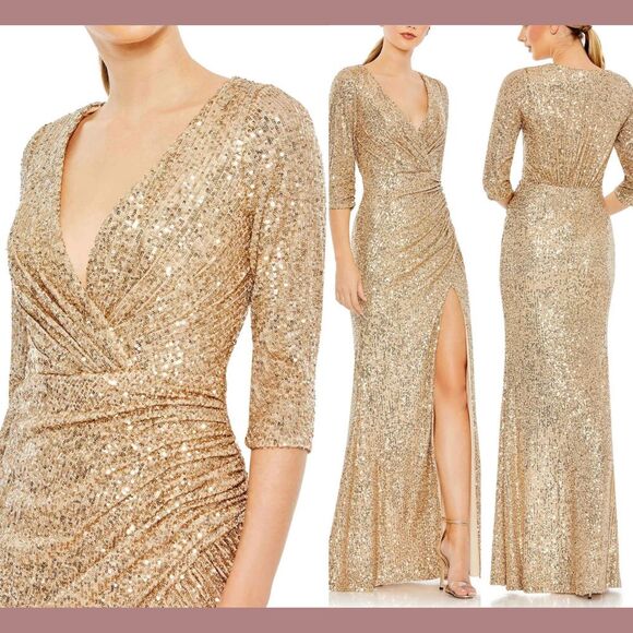 NWT $398 IEENA Mac Duggal [ 8‎ ] 42015 Sequined Draped 3/4 Sleeve Gown Gold